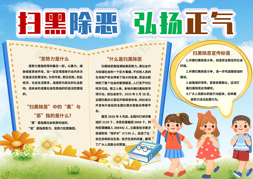 蓝色卡通扫黑除恶弘扬正气小报 扫黑除恶小报