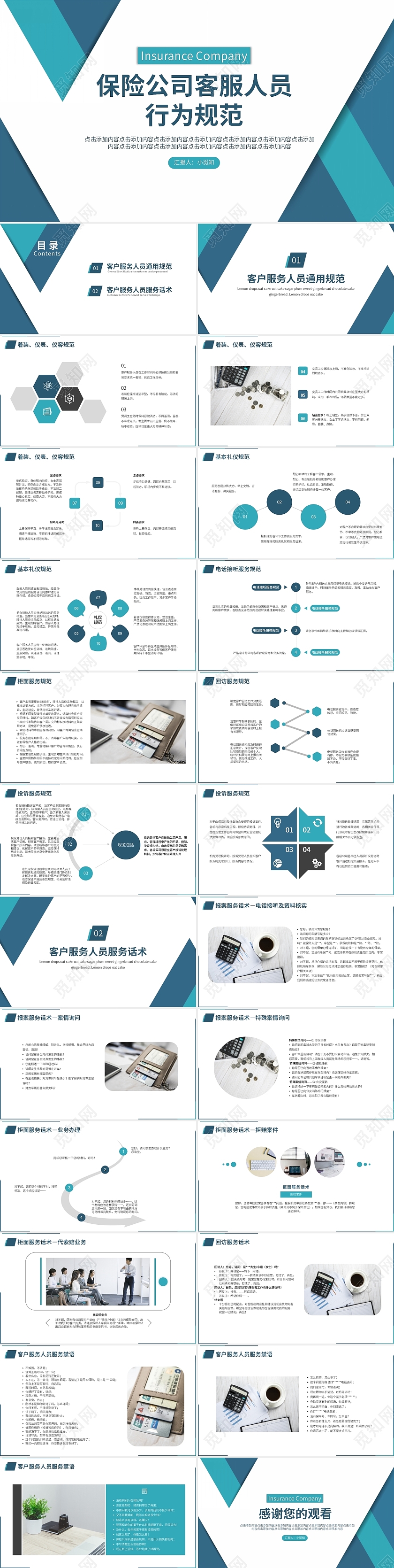 蓝色简约风保险公司客服人员行为规范PPT模板保险公司客服人员形为规范