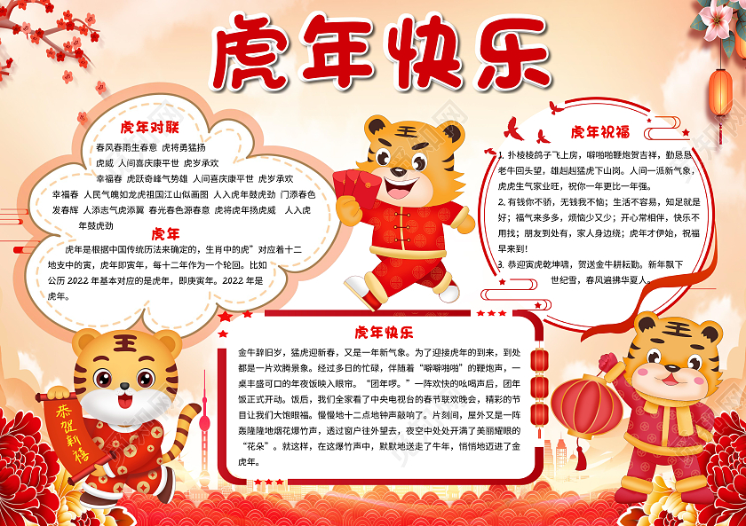 黄色卡通虎年快乐小报手抄报卡通小报手抄报