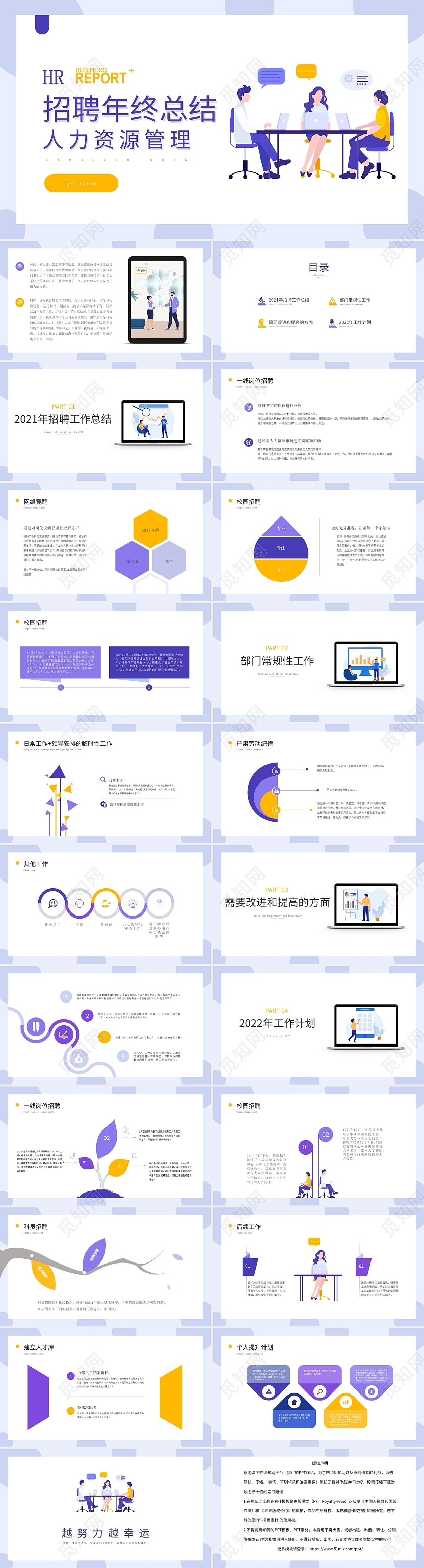 蓝黄插画通用招聘年终总结PPT模板