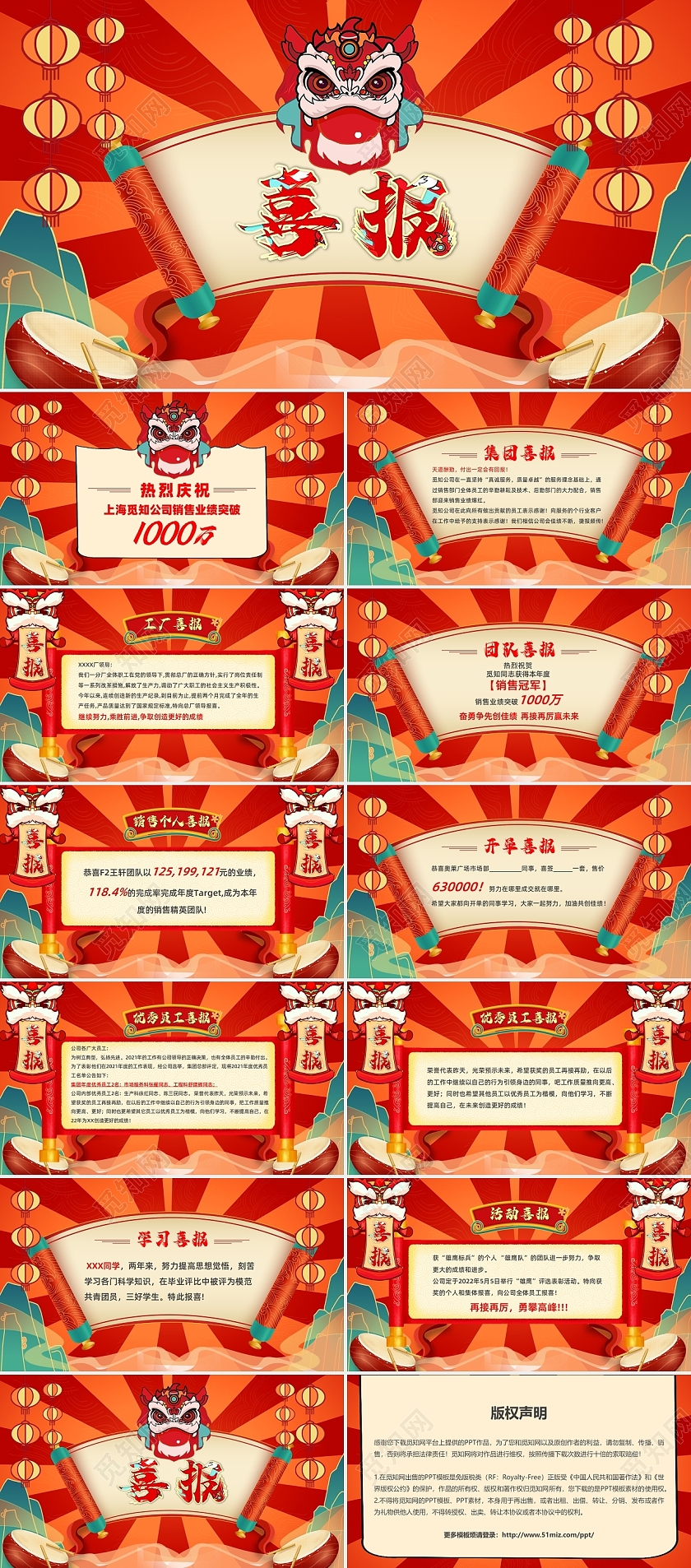 创意国潮风公司喜报战报贺报业绩汇报企业颁奖PPT模板表彰大会