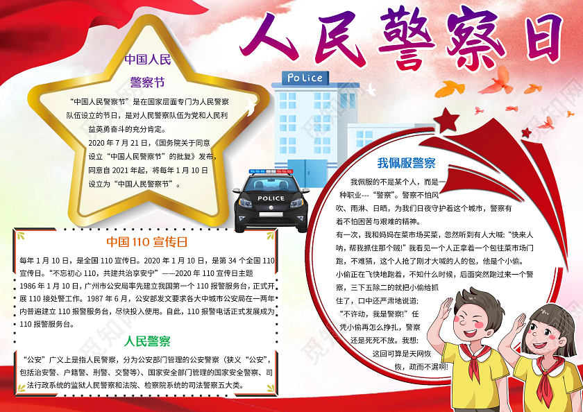 红色卡通人民警察日小报手抄报人民警察节小报手抄报