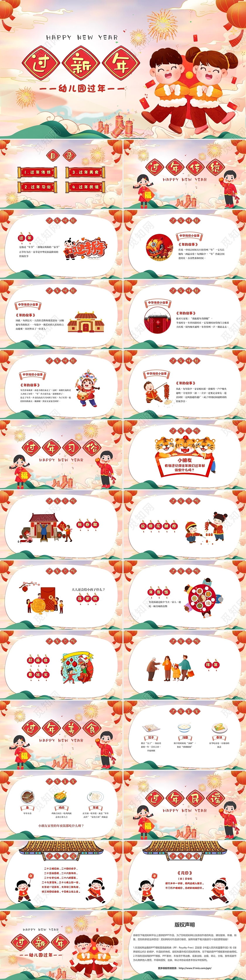 儿童卡通传统节日过新年幼儿园过年新年介绍新年习俗PPT模板春节