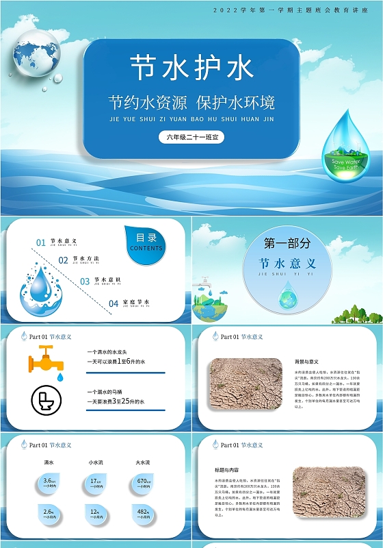 蓝绿色简约学校地球环保节约水资源学生主题教育班会教师教学培训节约水资源教育主题班会