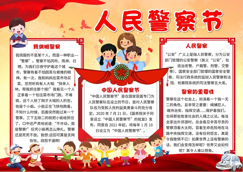 黄色卡通人民警察节卡通小报手抄报