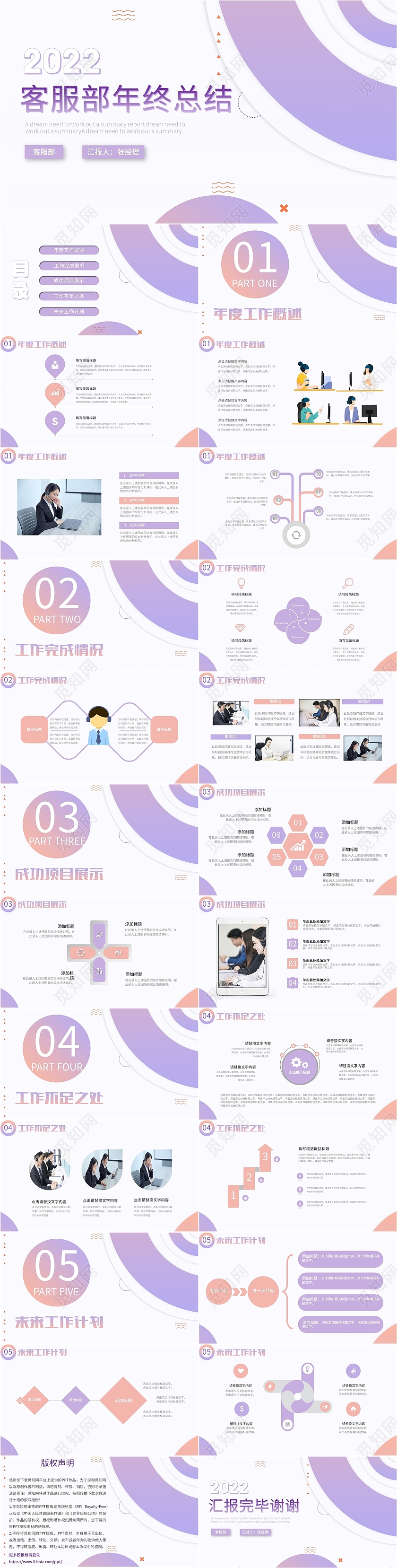 紫色小清新粉嫩简约客服部工作总结PPT模板客服部年终总结