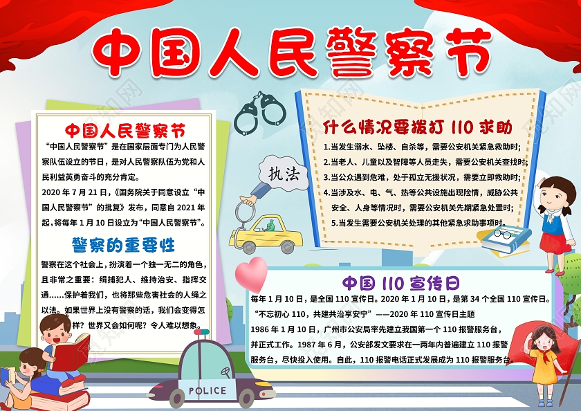 蓝色卡通中国人民警察节人民警察节小报手抄报节日小报手抄报