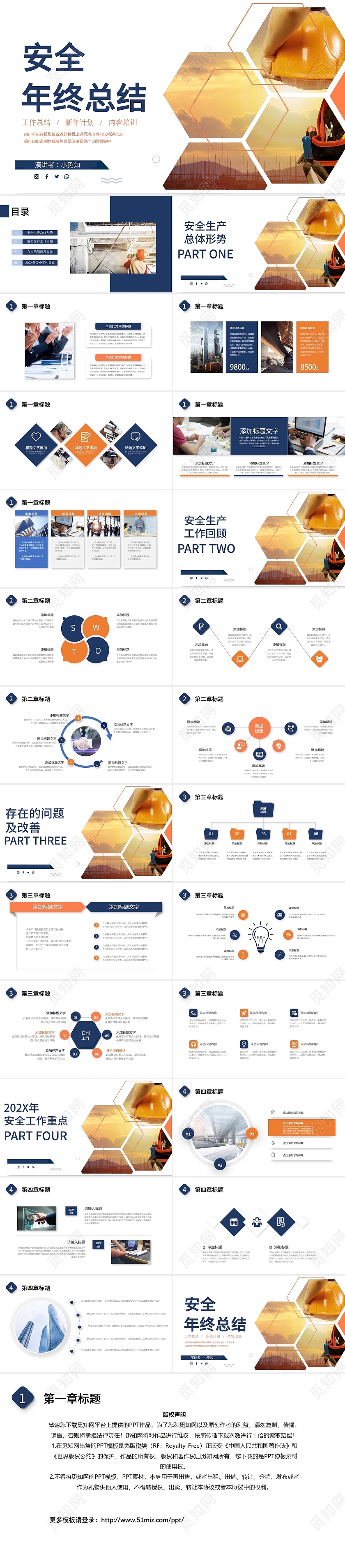 深蓝色橘色商务简约安全年终总结PPT