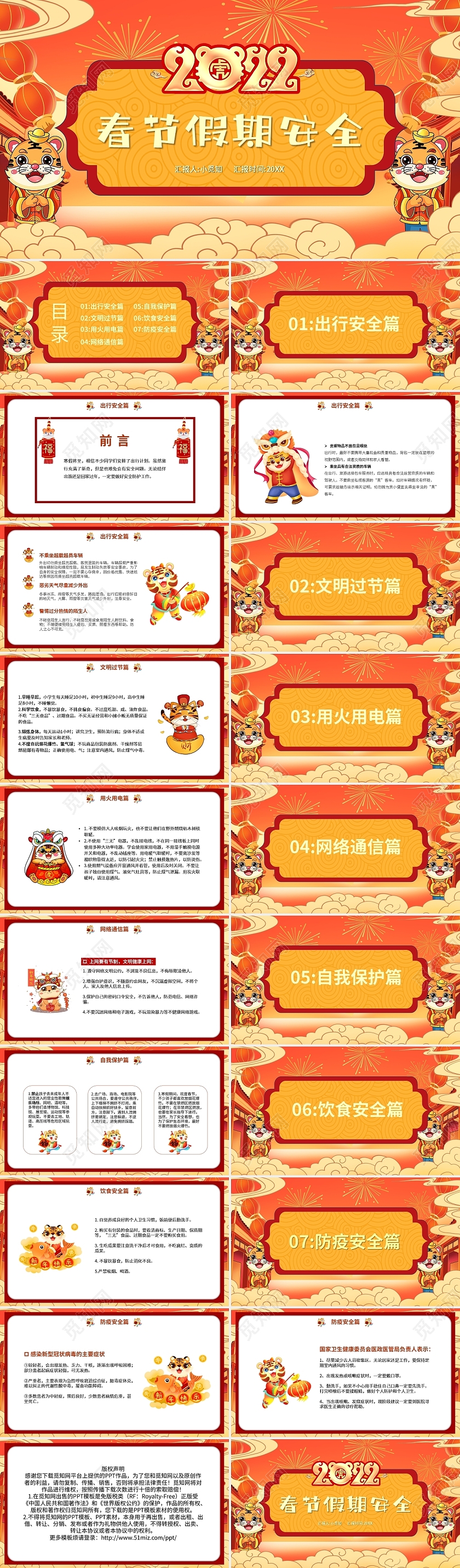 红色卡通春节假期安全PPT模板宣传PPT动态PPT2022春节假期安全