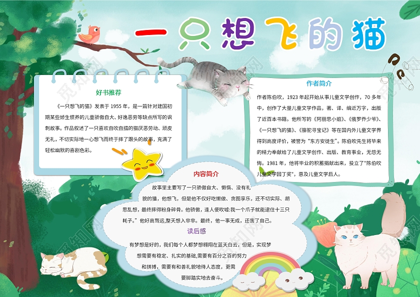 绿色卡通一只想飞的猫读书小报手抄报卡通小报手抄报