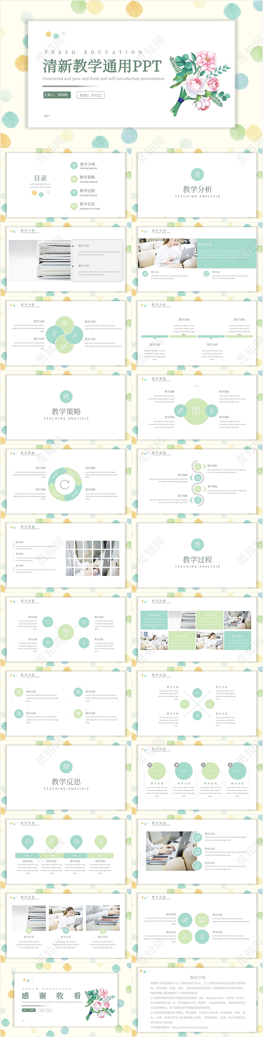 小清新绿色简约教学课件通用说课PPT模板