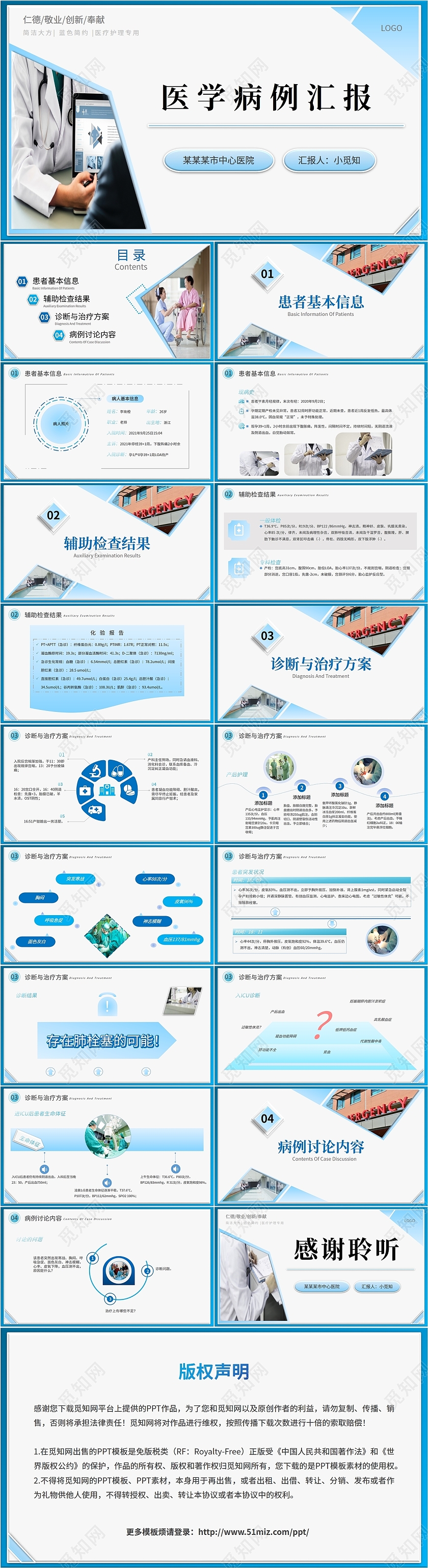 蓝色简约医疗医院妇产科医学病例汇报医生护士教学培训PPT模板
