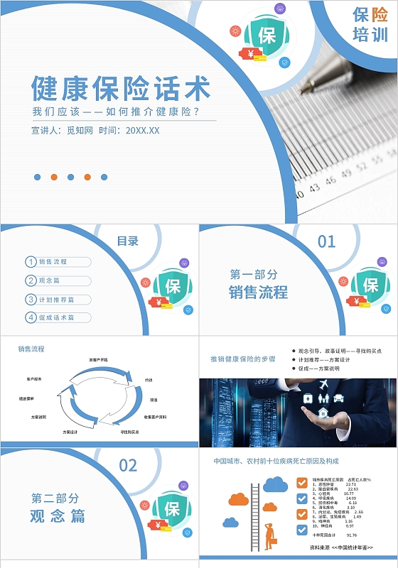 蓝色清爽淡雅商务健康保险话术PPT模板金融培训健康
