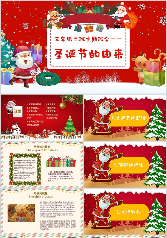 红色圣诞节庆祝节日科普主题班会知识讲座校园PPT模板圣诞节主题班会