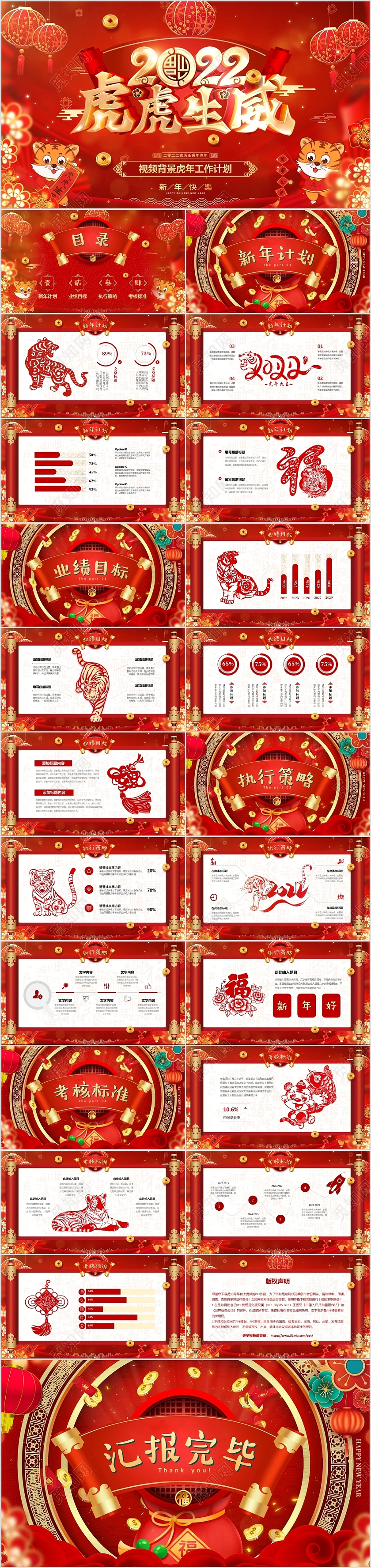 红金色中国风虎年视频背景剪纸风2022新年计划项目汇报PPT古典