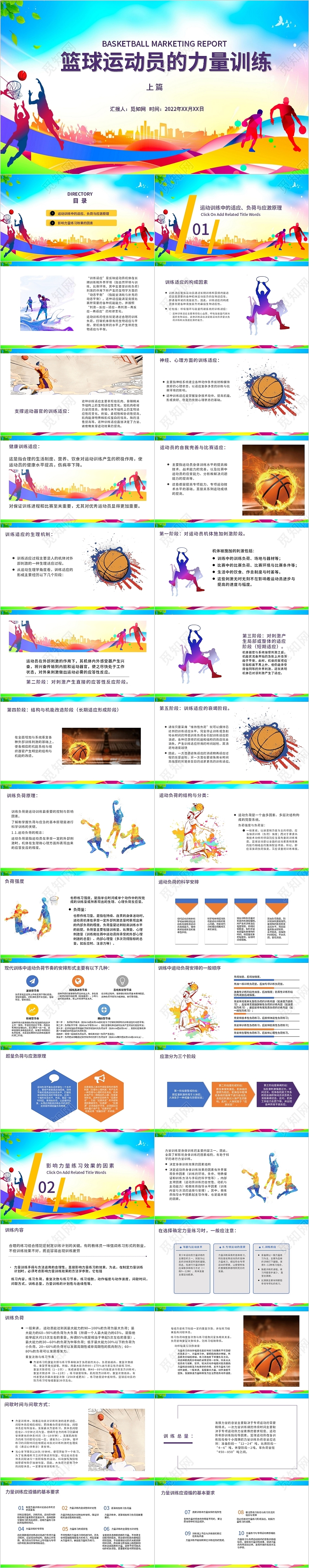 蓝色橙色彩色运动商务篮球运动员的力量训练PPT模板