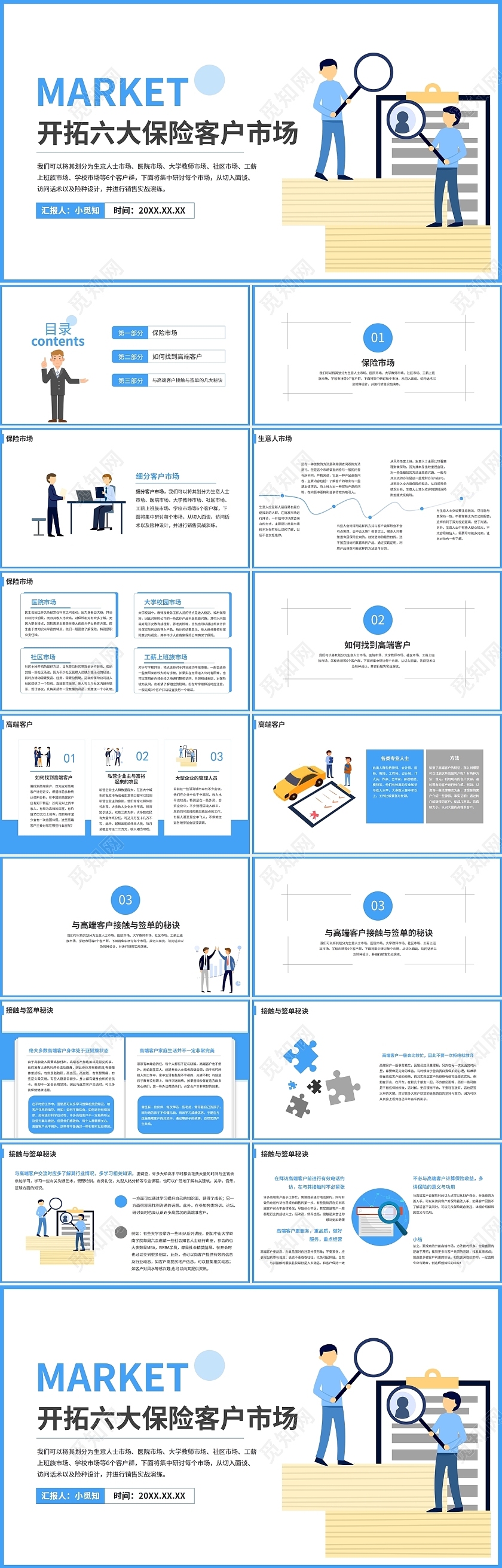 蓝色扁平简约保险客户市场商务PPT培训PPT开拓六大保险客户
