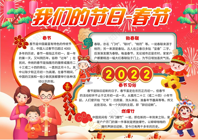 蓝色卡通我们的节日春节卡通小报手抄报