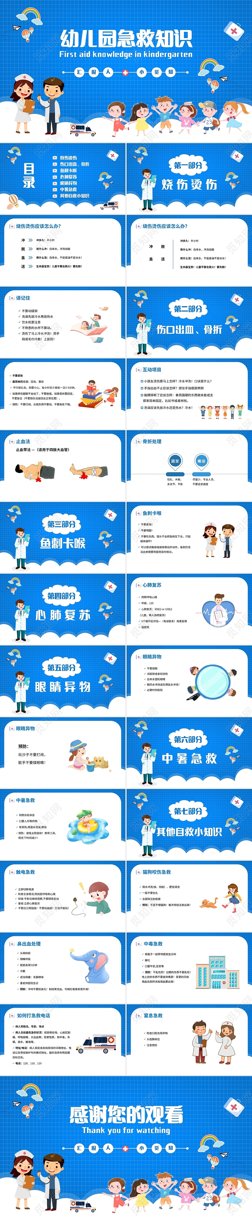 蓝色网格静态卡通幼儿园急救知识培训PPT幼儿园急救知识2