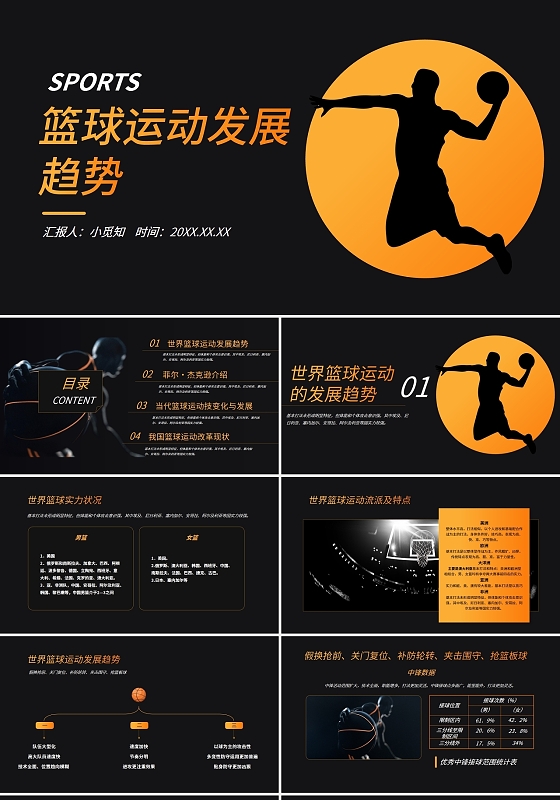 黑色橘色运动体育篮球运动发展趋势汇报PPT
