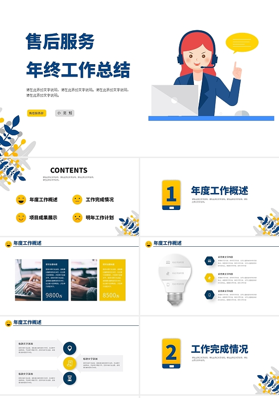 蓝黄色卡通售后服务年终工作总结ppt模板156935849