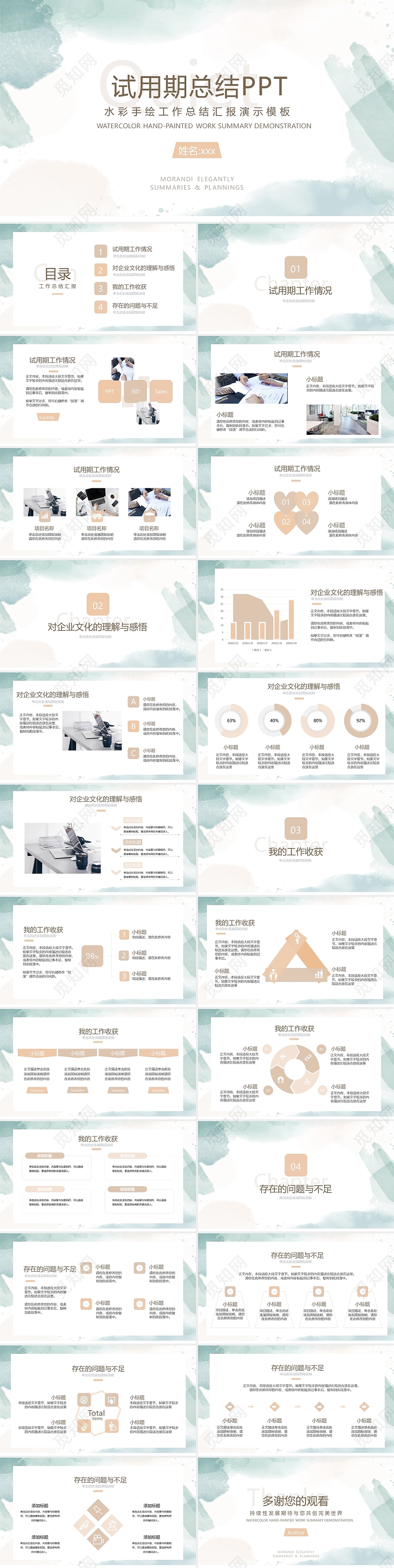 绿色水彩简约试用期总结工作总结PPT模板