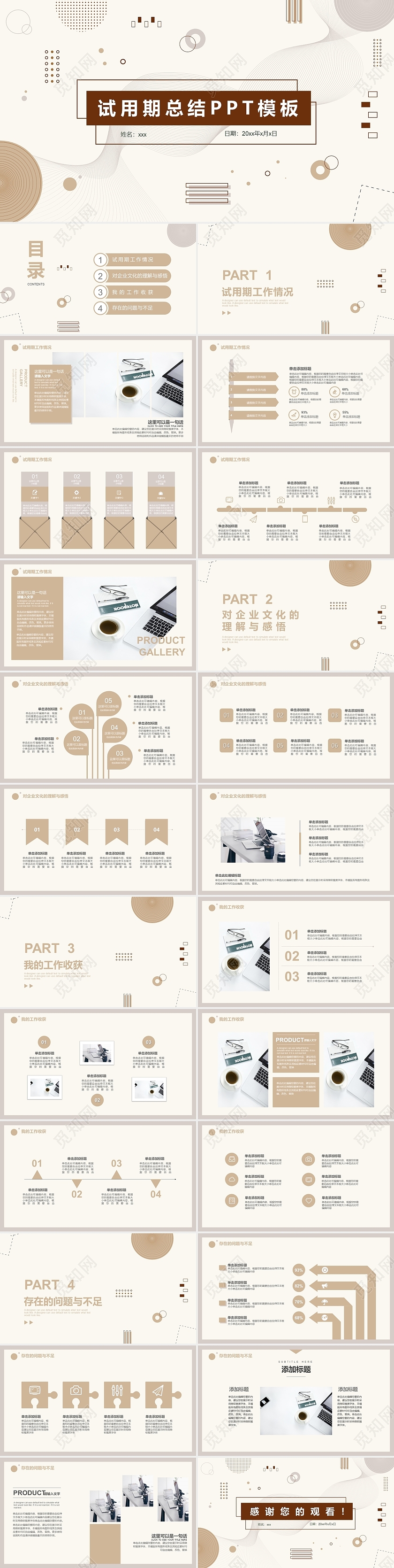 咖啡色多边形简约试用期总结工作总结PPT模板
