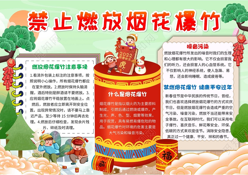 绿色卡通禁止燃放烟花爆竹卡通小报手抄报