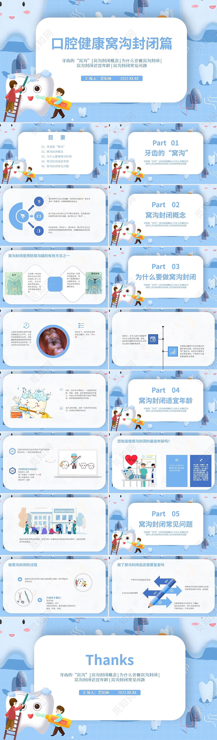 蓝色水彩简约风口腔健康窝沟封闭篇PPT课件PPT模板