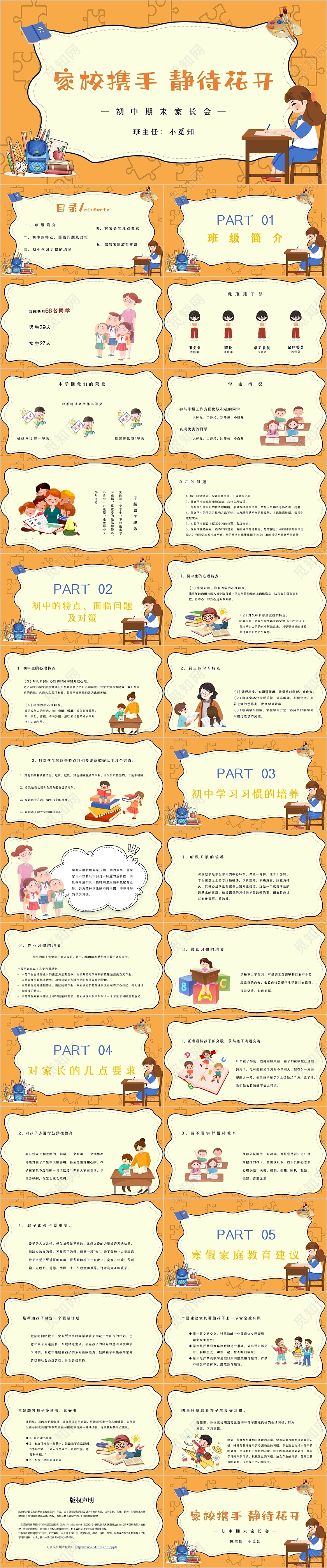 橙色卡通儿童教育学习初中期末家长会主题PPT模板