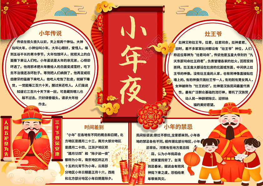 红色中国风小年夜 小年小报手抄报