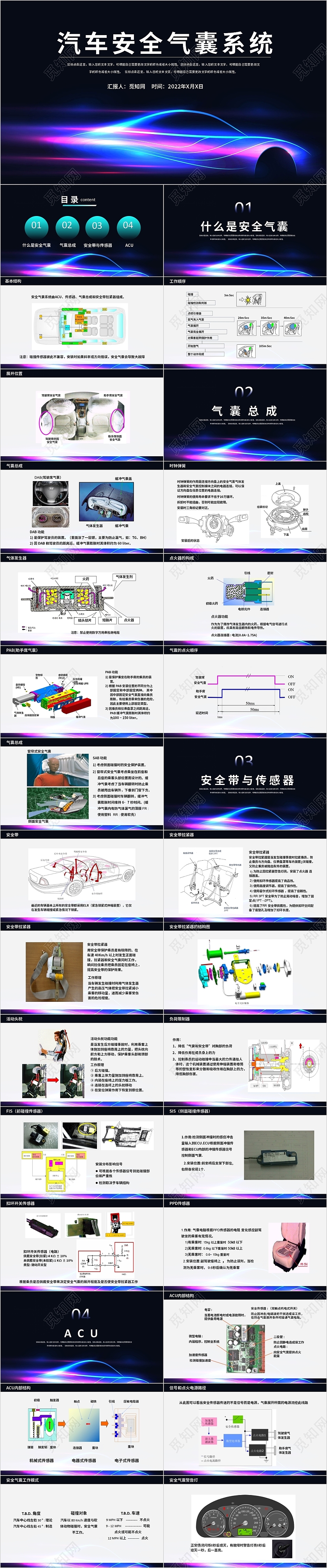 蓝色黑色彩色商务简约汽车安全气囊系统PPT模板