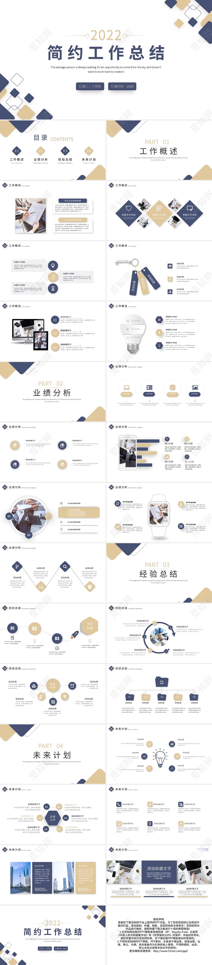 蓝黄阴影简约商务工作总结PPT模板宣传PPT动态PPT