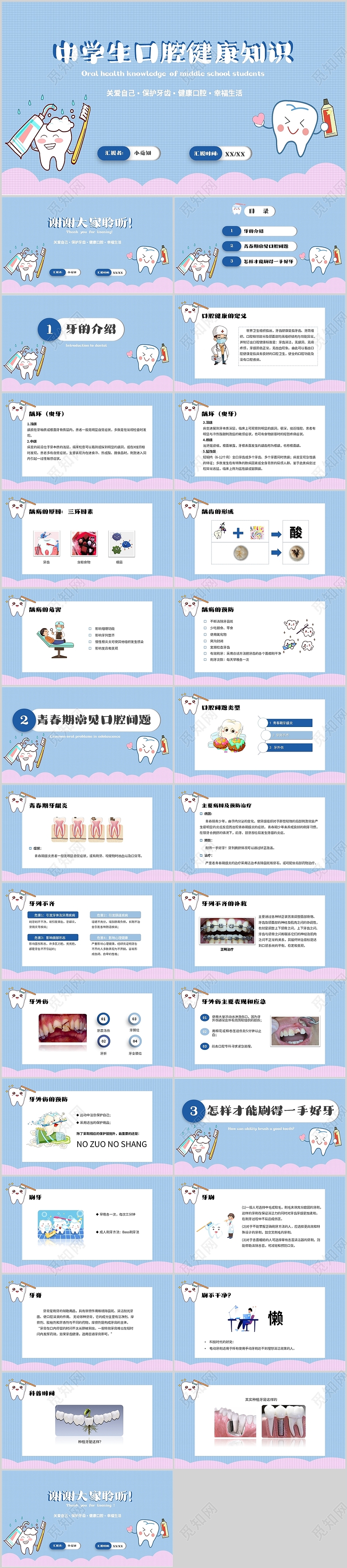 蓝色卡通中学生口腔健康知识PPT课件