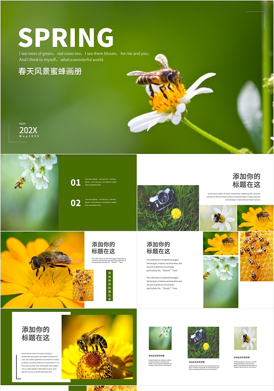 绿色大气简约春天蜜蜂旅游风景相册纪念册PPT模板