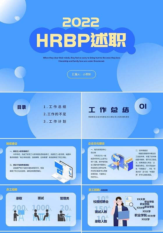 蓝色简约风格2022HRBP述职汇报ppt模板年终述职