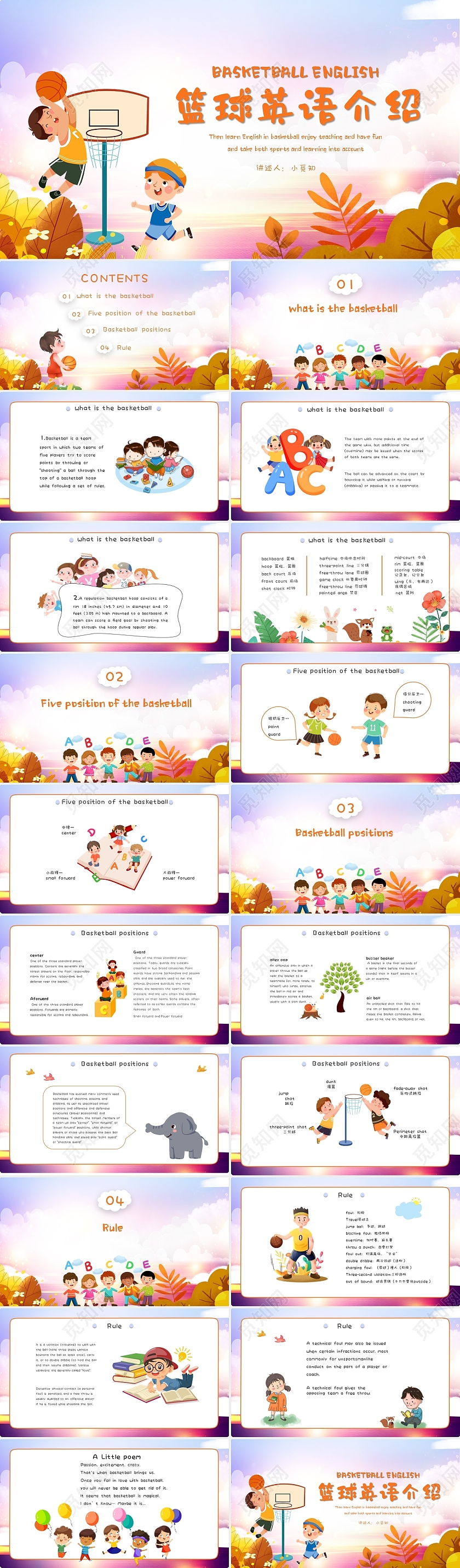 黄色卡通篮球英语介绍PPT
