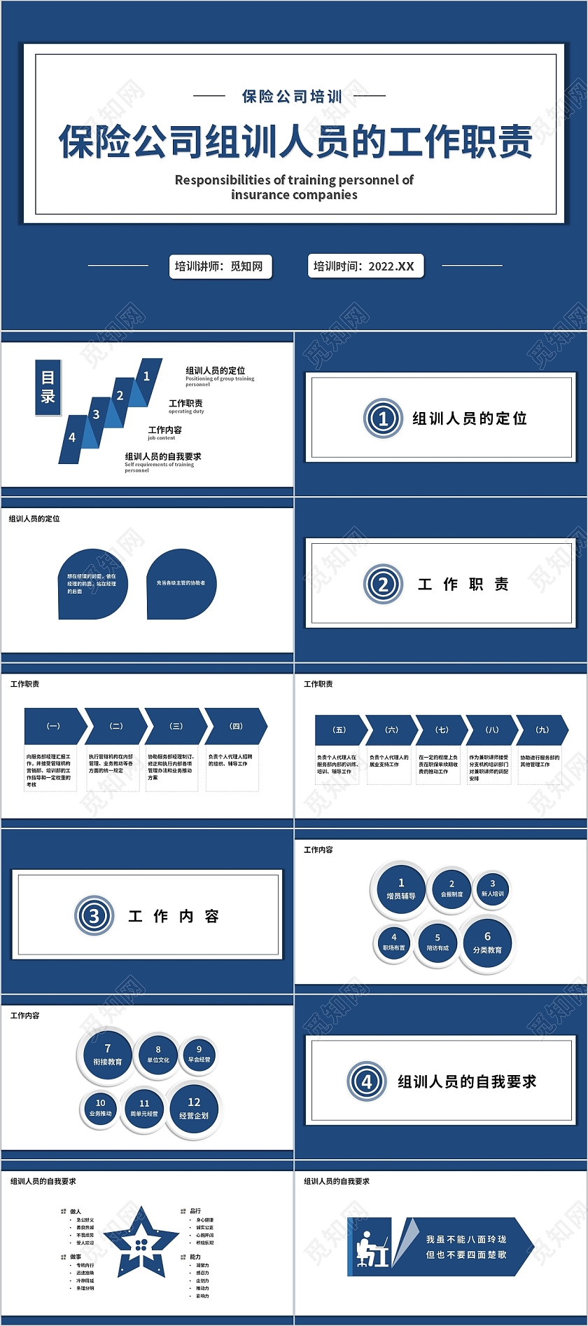 蓝色清爽简约商务保险公司组训人员的工作职责PPT模板