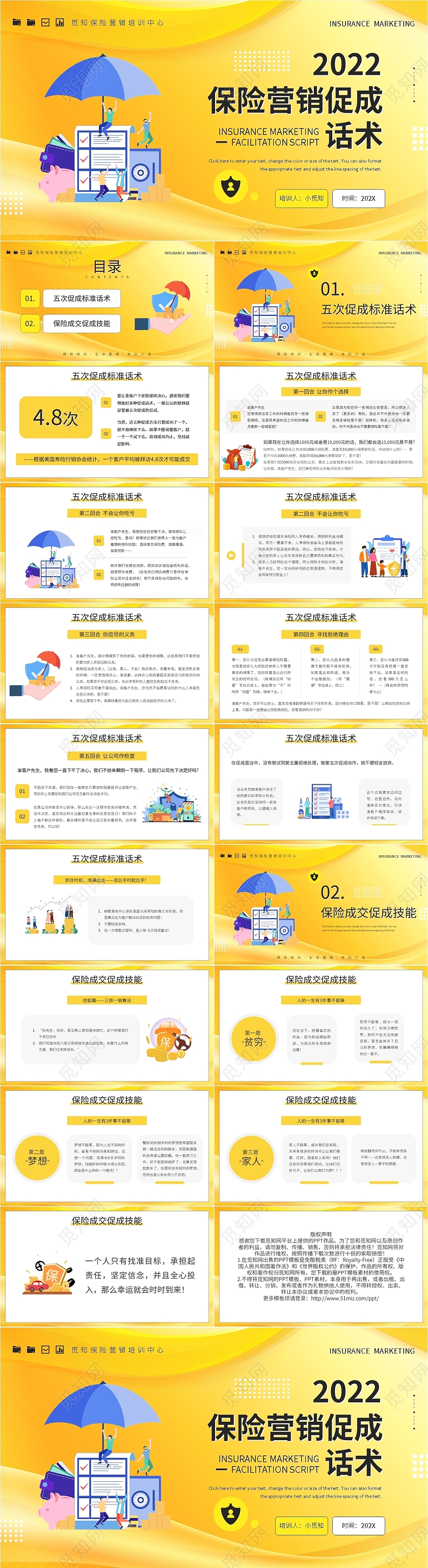 黄色卡通保险营销促成话术PPT模板宣传PPT动态PPT