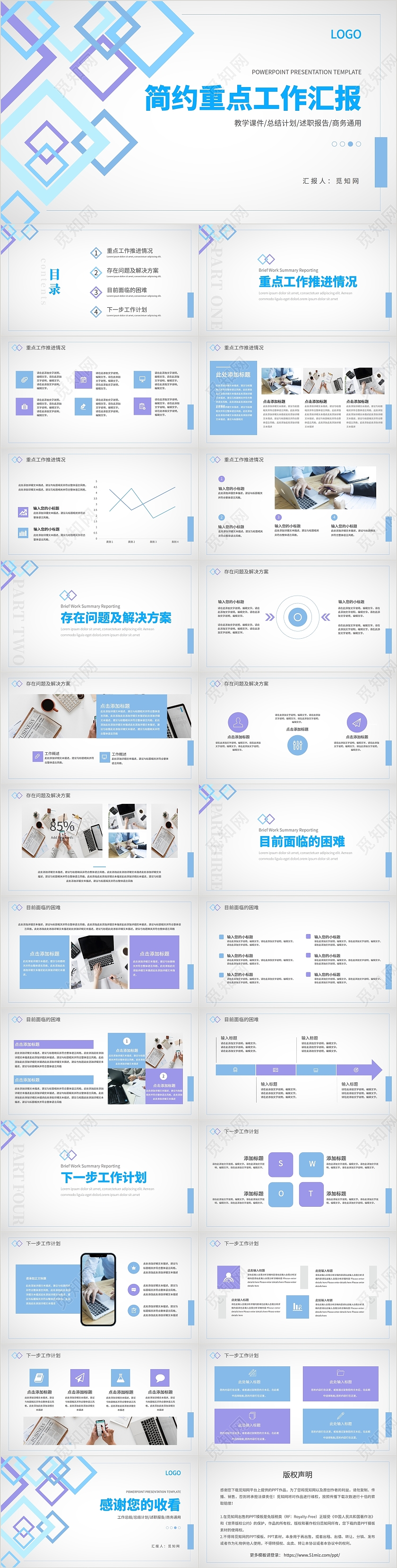 蓝紫色简约通用商务重点工作汇报总结PPT模板