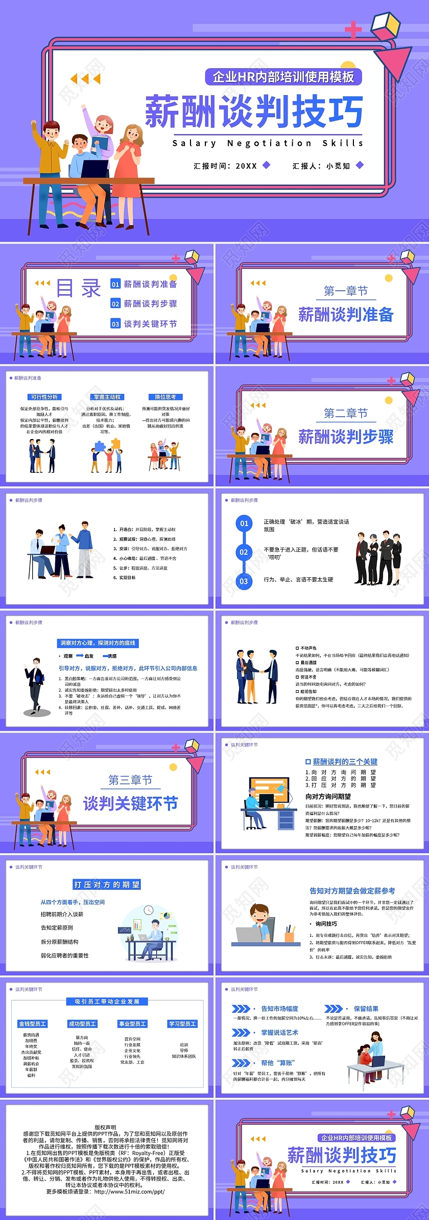 紫色卡通薪酬谈判技巧PPT模板宣传PPT动态PPT