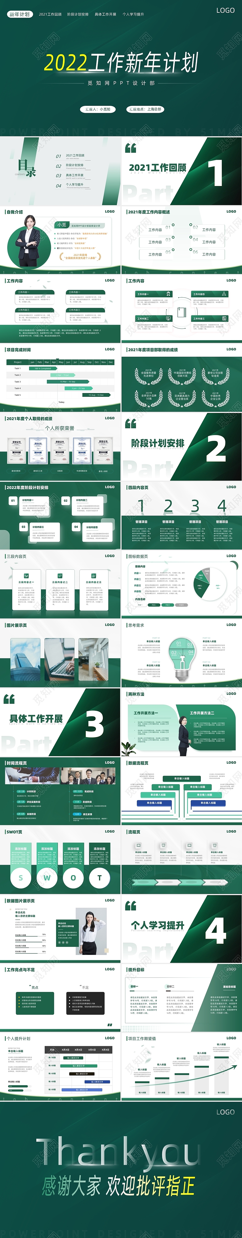 墨绿色2022工作新年工作计划总结商务简约ppt模板新年计划