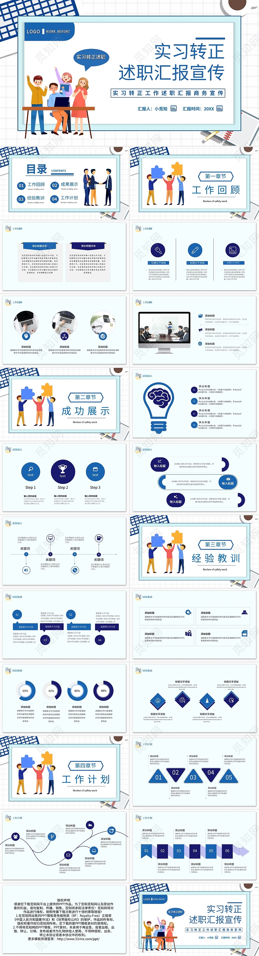 蓝色简约实习转正工作述职汇报商务宣传PPT模板宣传PPT动态实习转正述职汇报