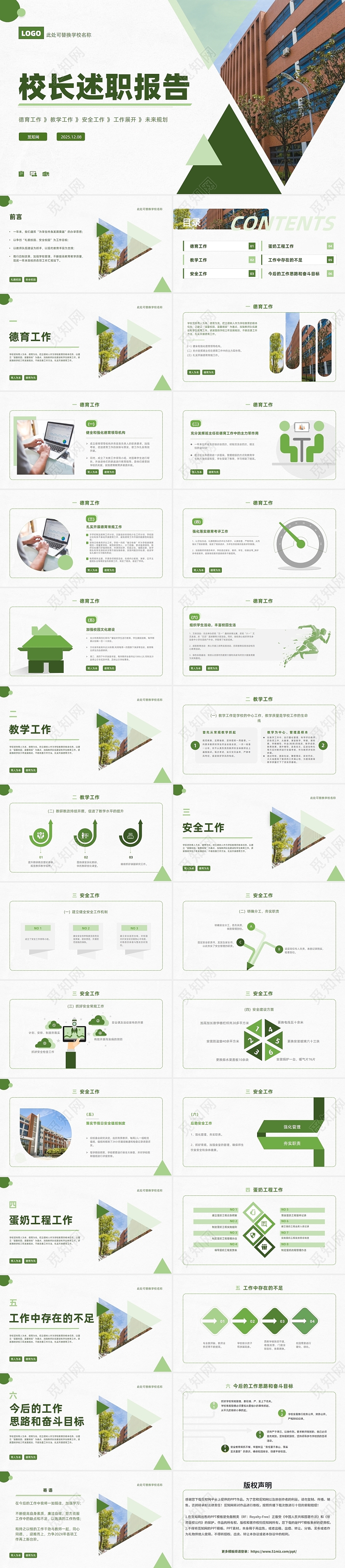 绿色大气校长述职报告PPT课件年终述职