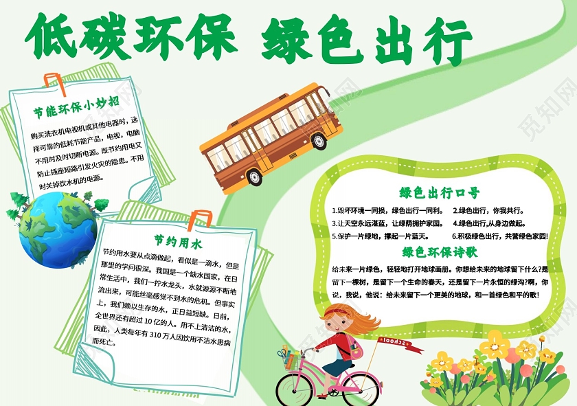 绿色卡通低碳环保绿色出行小报手抄报环保小报手抄报