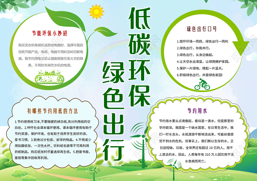 绿色卡通低碳环保绿色出行环保小报手抄报卡通小报手抄报
