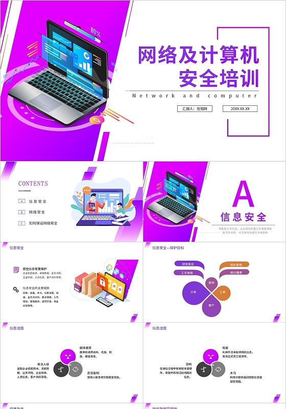 紫色玫红简约商务网络及计算机安全培训PPT模板