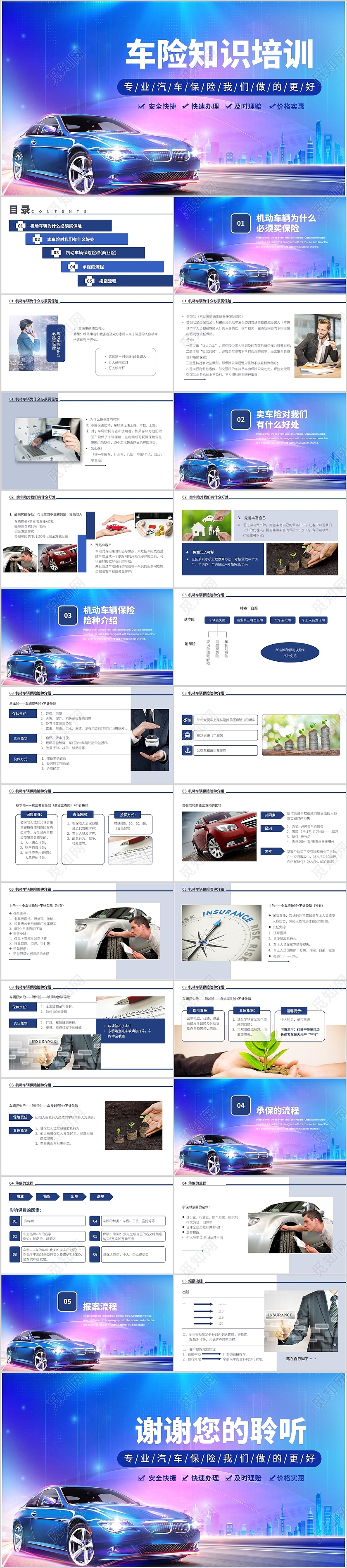 蓝色商务车险知识培训PPT模板车险培训资料