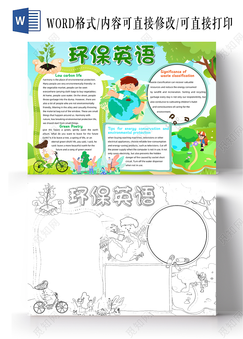 绿色卡通环保英语小报手抄报卡通小报手抄报