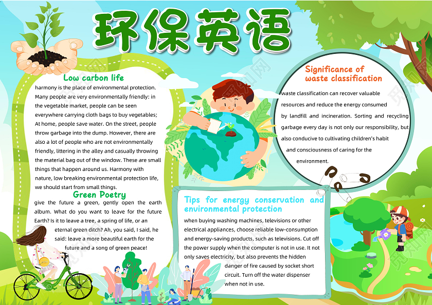 绿色卡通环保英语小报手抄报卡通小报手抄报